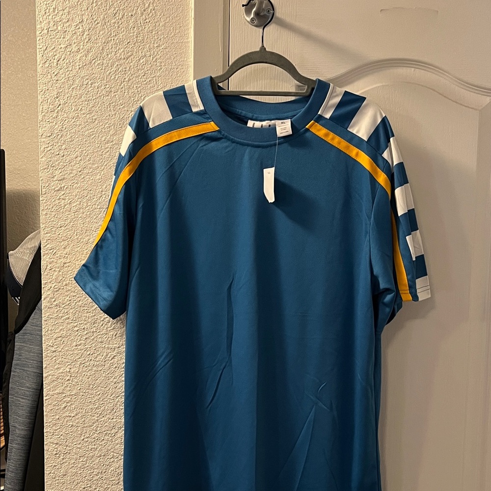 Blue and White Striped T-Shirt with Yellow Accents